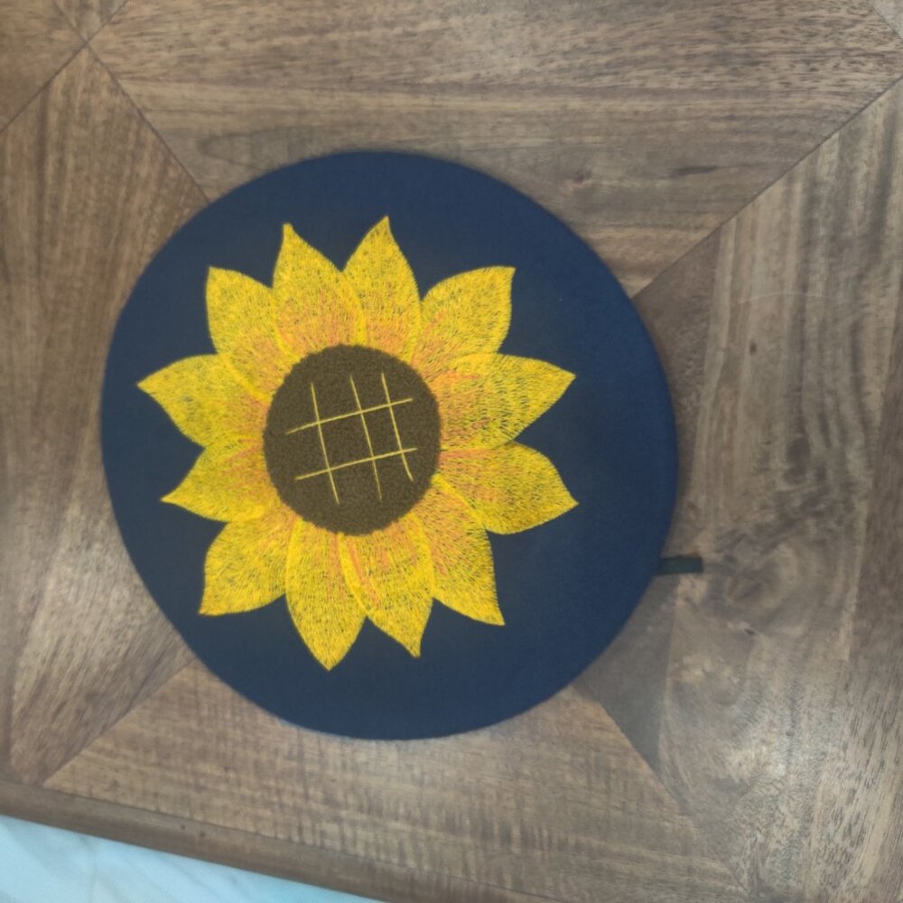Navy Beret with Sunflower Embroidery